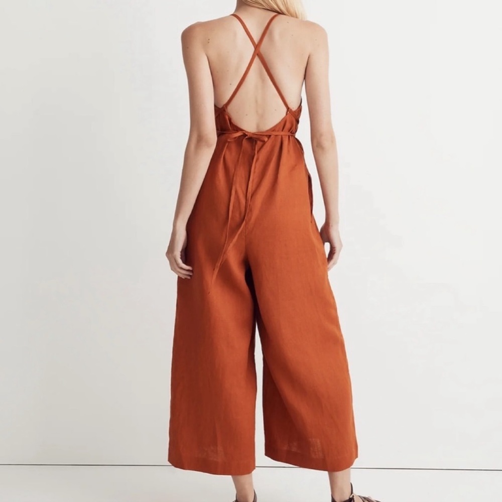 Madewell 100% Linen Tie Waist Wide-Leg Jumpsuit in Rusted Orange - Picture 3 of 8
